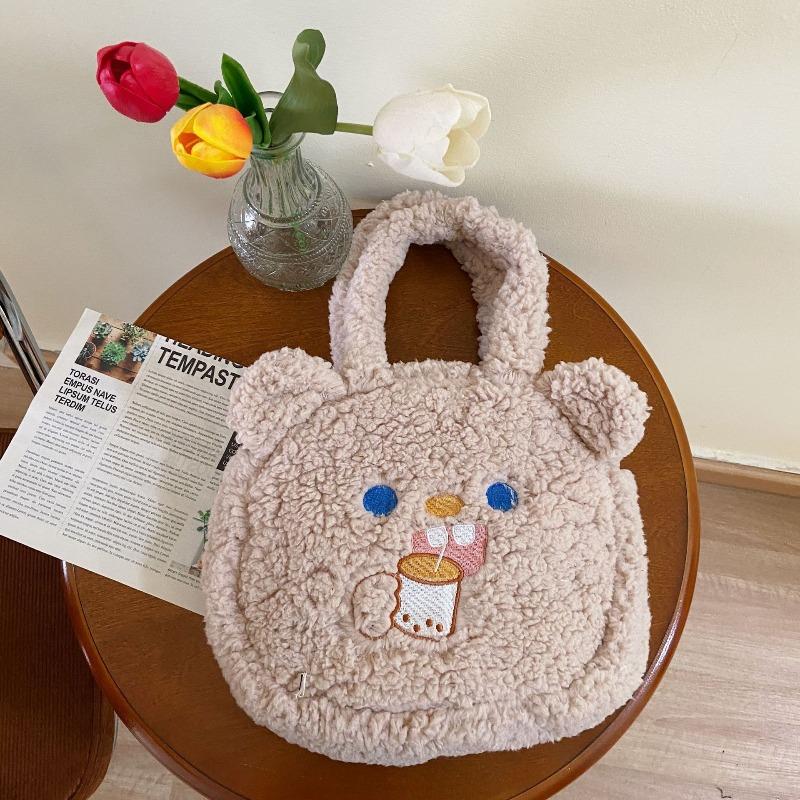 02 Cute Lamb Plush Bear Ears Handbag Sweet Versatile Student Class Handbag