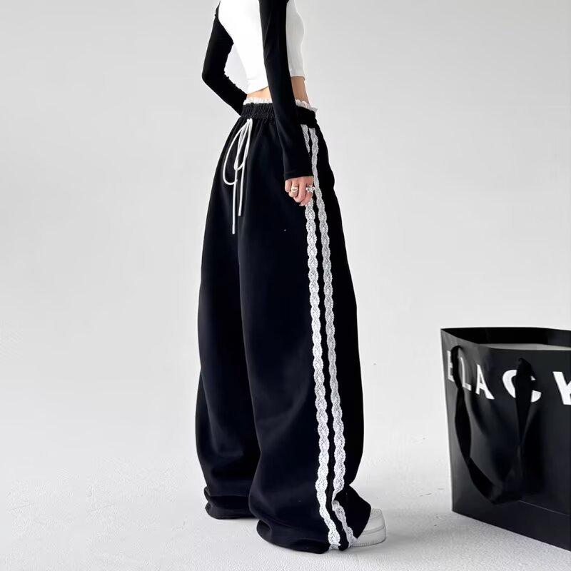 2024 Women's Trendy High Waist Wide-Leg Patchwork Lace Sweatpants