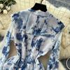 French Light Luxury Temperament Elegant Dress Women's Design Sense Ruffle Edge Splicing Waist Slim Print Chiffon Dress