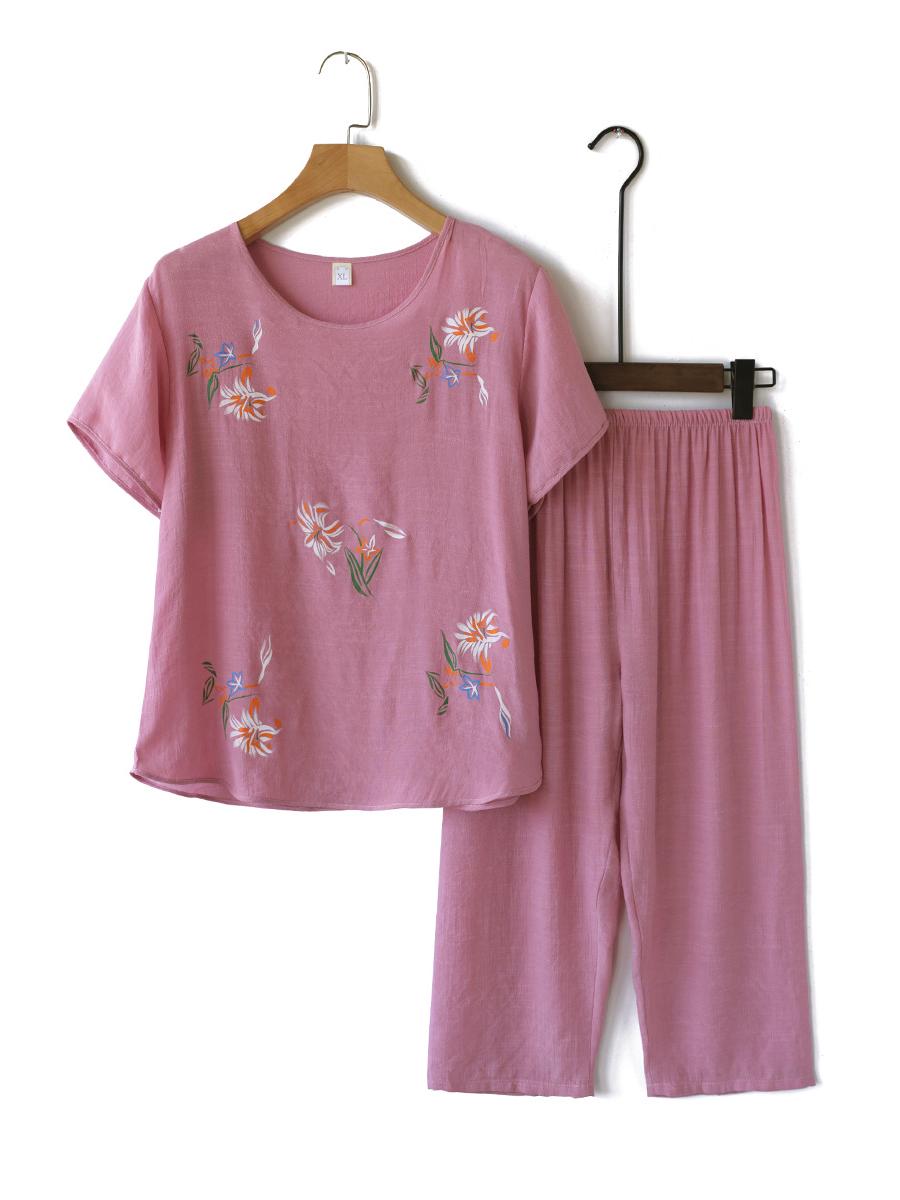 

Grandma s Cotton Linen Two-Piece Pajama Set - Short-Sleeved Top and Loose Shorts for Middle-Aged and Elderly Women XXXL