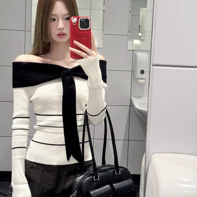

Stylish Off-the-Shoulder Color Block Striped Sweater Top – Women s Slim Fit for Spring Medium белый