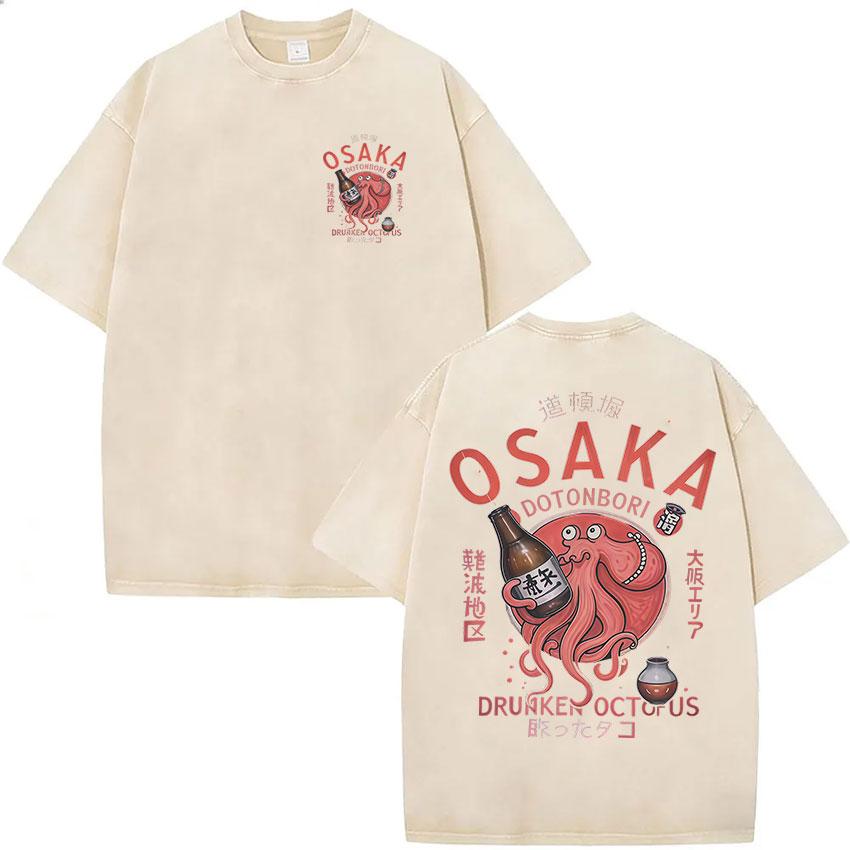 

Vintage Washed Osaka Dotonbori Drunken Octopus Funny Graphic T Shirts Japanese Harajuku Short Sleeve Unisexs Women Cotton Tshirt S