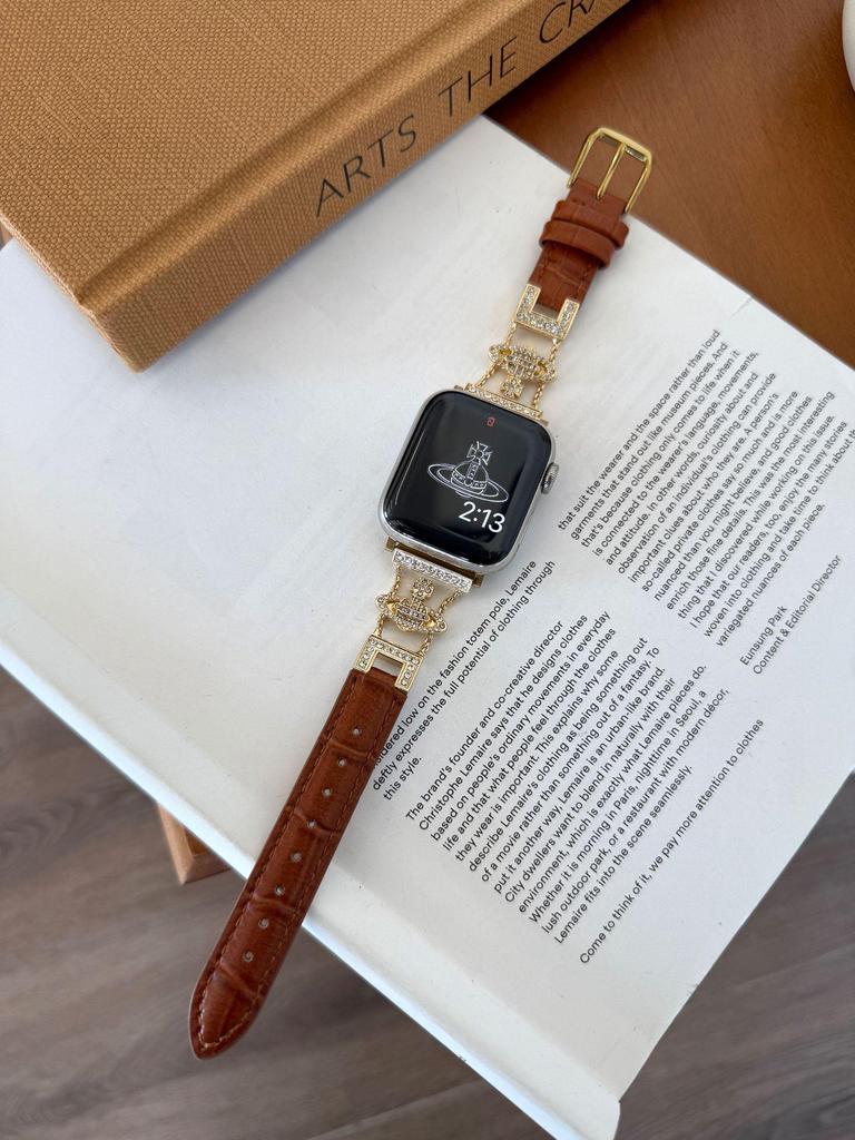 Kejsarinnan Saturnus Diamant Bambu Läderarmband för Apple Watch 11/Ultra/SE