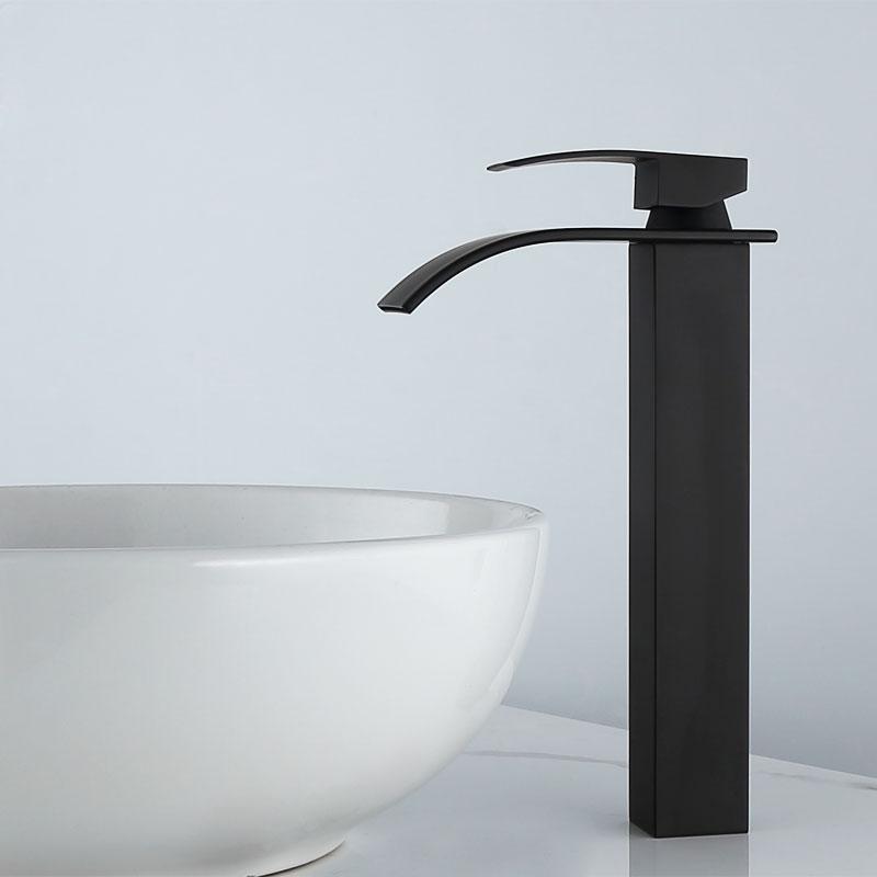 Bathroom Black Lavatory Waterfall Faucet hot and cold Crane Brass Sink Mixer  Waterfall Sink Faucet Single Handle Decked