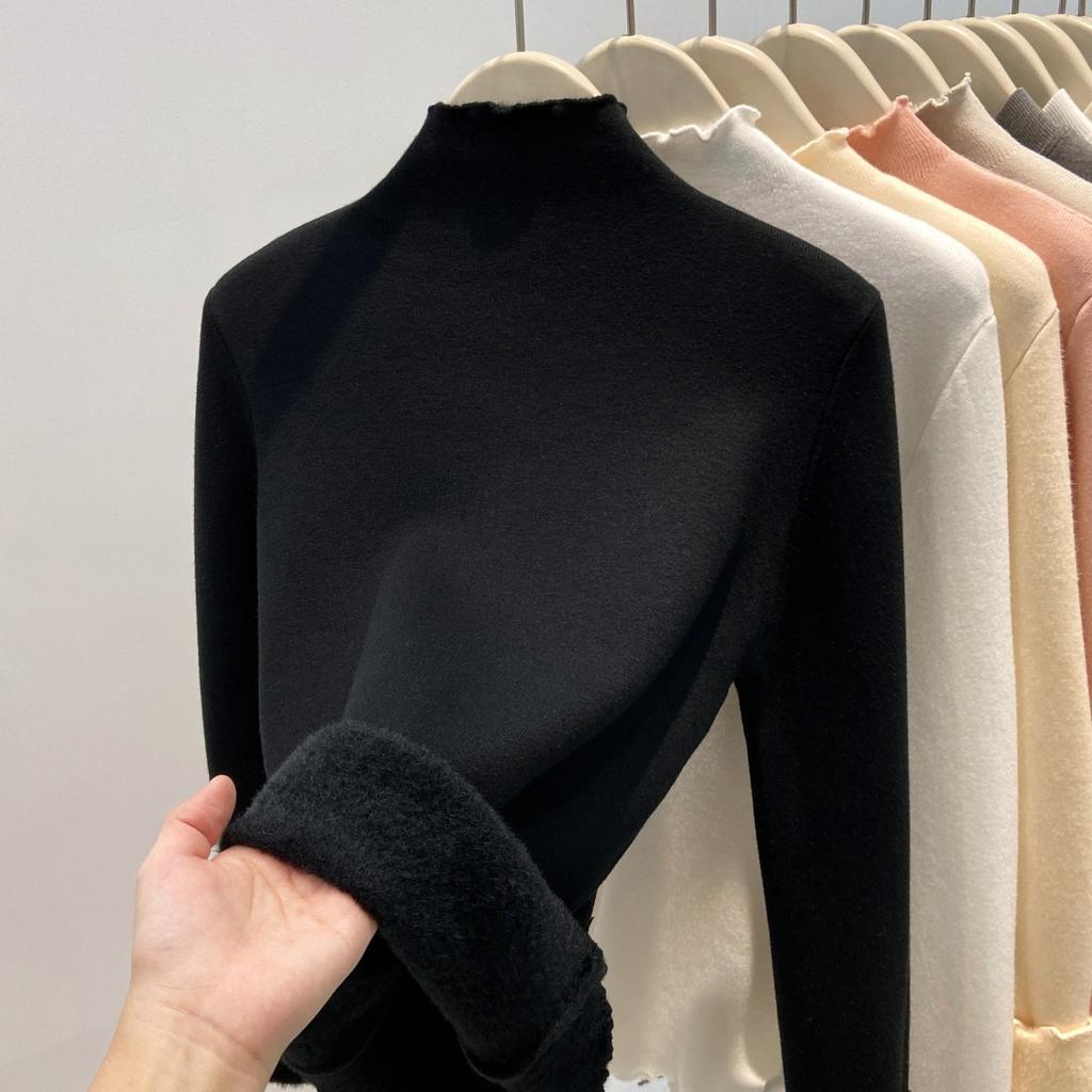 Fleece Thickened Sweater Women's Autumn and Winter Semi-turtleneck Fungus Edge Bottomed Knitted Sweater with Warm Integrated Fleece Top