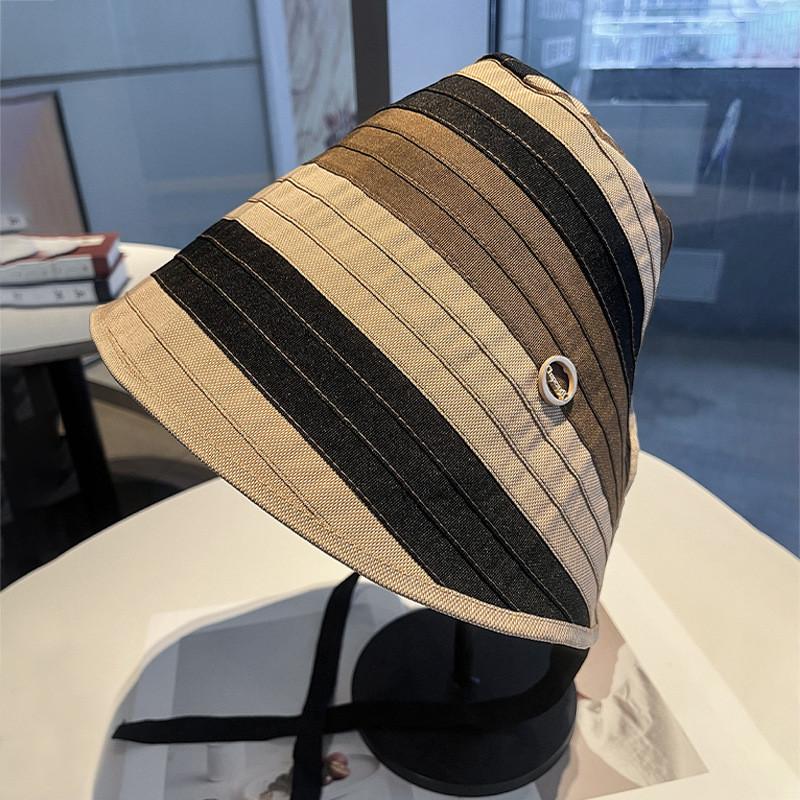 Striped Bucket Hat For Women Summer Sun Protection Breathable Casual Fashionable Black
