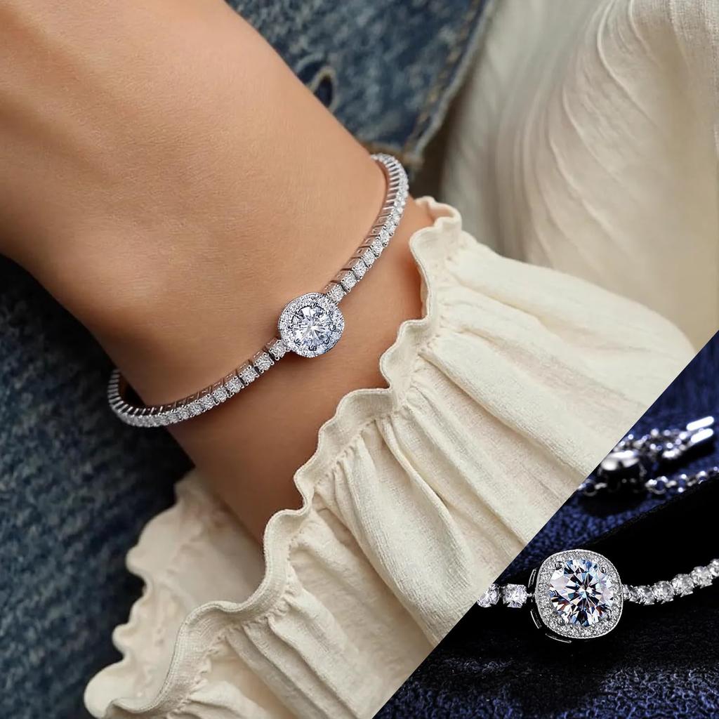 Moissanite Tennis Bracelet with 2CT 8mm Lab Grown Moissanite Diamonds, Rhodium Plated, Adjustable Silver Color White Gold Bracelet, Fashionable Jewelr