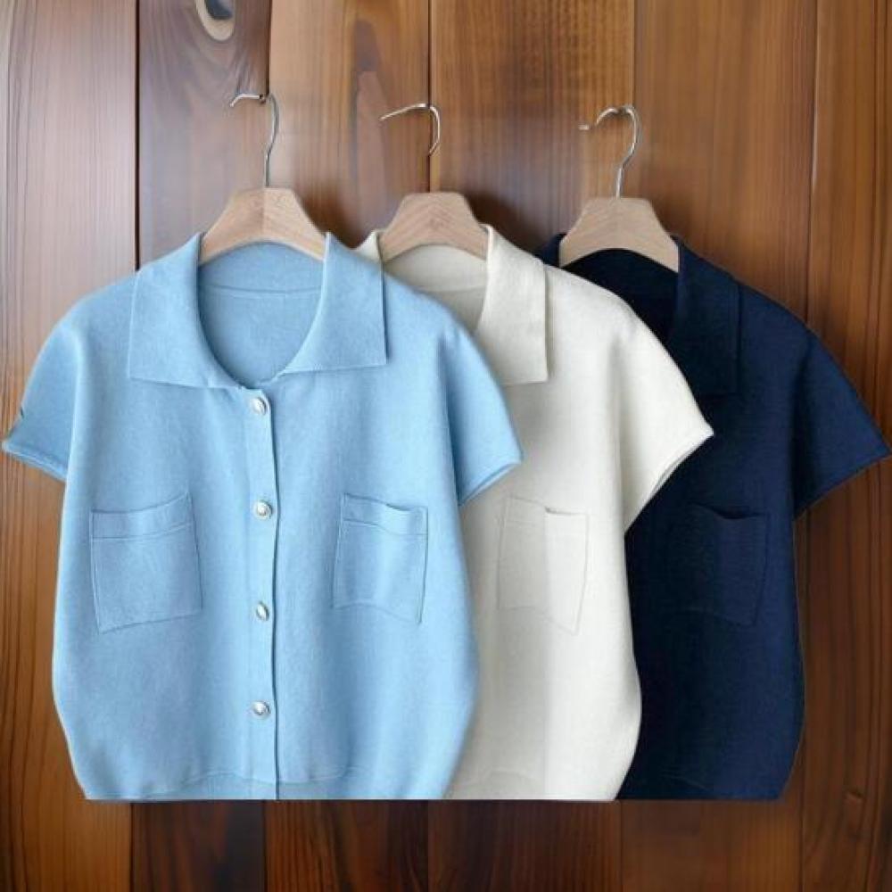 New Arrivals Open Run Women Short Sleeve Silver Button Pocket Knit Cardigan