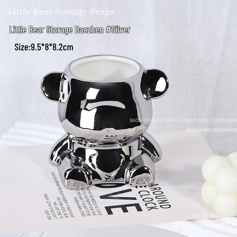 Trendy Bear Pen & Brush Holder with Sandpaper Storage for Manicure Tools – Desktop Organizer & Photo Prop