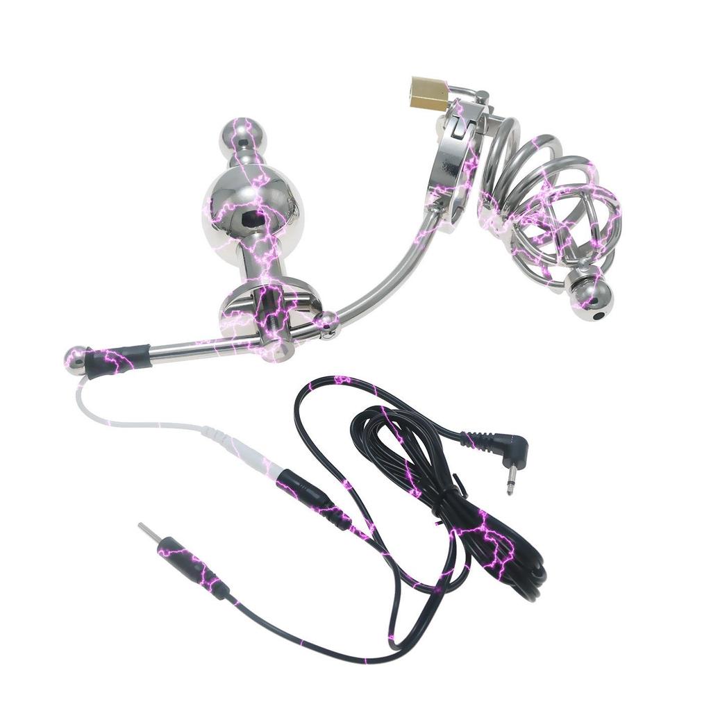 Chaqiu Electric Pulse CB Chastity Cage & Lock with Anal Plug Stainless Steel Set