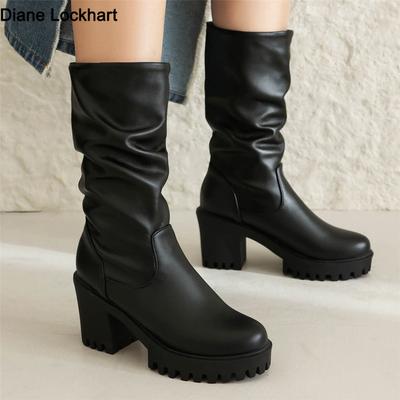 Fashion Fashion Classic Lady Winter Mid Calf Solid Boots Brand High Heel Boots Women Block Heel Platform Round Toe Shoes Woman Black