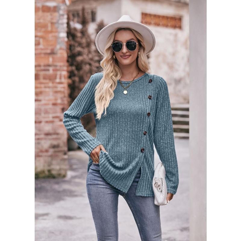 Autumn and Winter Women's Blouse Solid Color Round Neck Pit Stripes Abrasion Slit Fashion Button Long Sleeve Tops