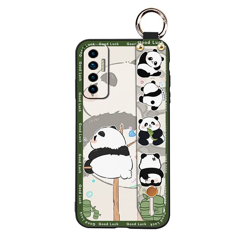 Fashion Design Cute Phone Case For Tecno Camon17P Phone Holder Cartoon Back Cover Shockproof Panda Silicone Ring Lanyard