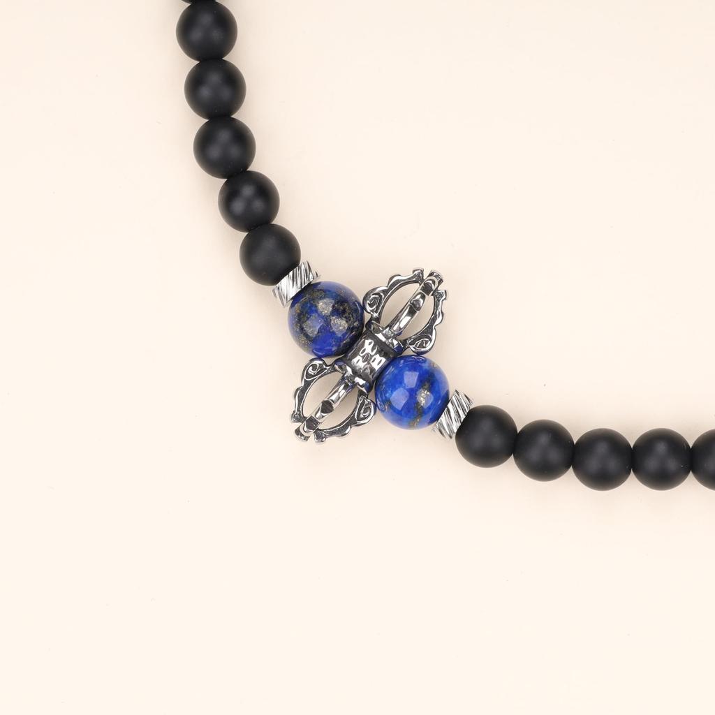 Vajra Pestle 108 Beads Lapis Lazuli Matte Onyx Power Stone Necklace Bracelet Prayer Beads for Men Women [Coai]