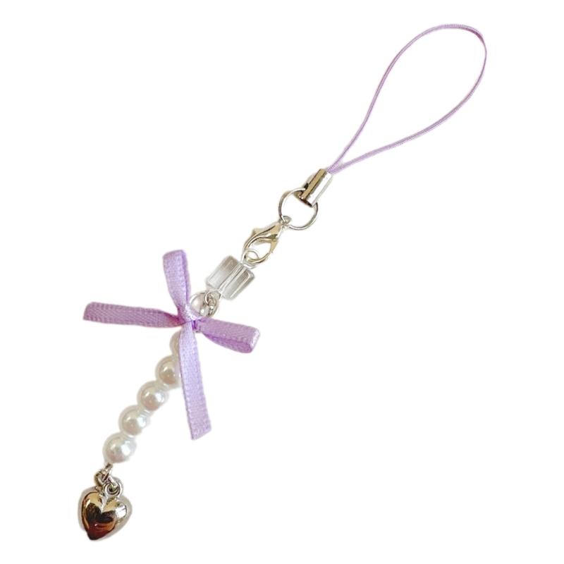 Bowknot Heart Bead Pendant Phone Charm Rope Sweet Phone Chain Strap Bag Decoration Lanyard Keychain Accessory фиолетовый