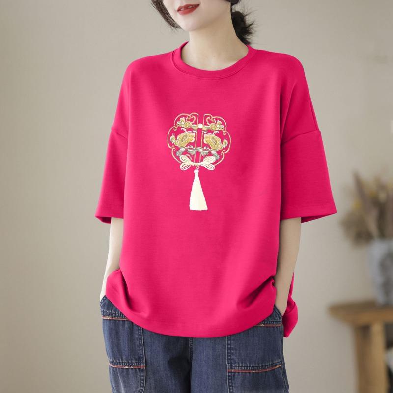 Women's Chinese Knot Embroidery Drop Shoulder T-Shirt