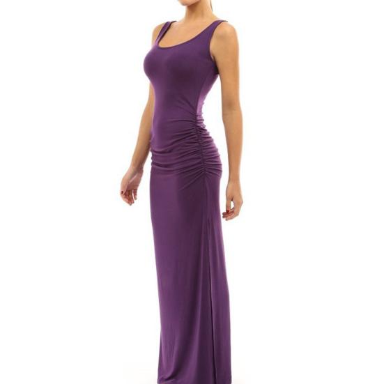 ¿Vestido largo de verano sin mangas con escote redondo y abertura lateral de color liso para mujer?Vestido Largo Fruncido