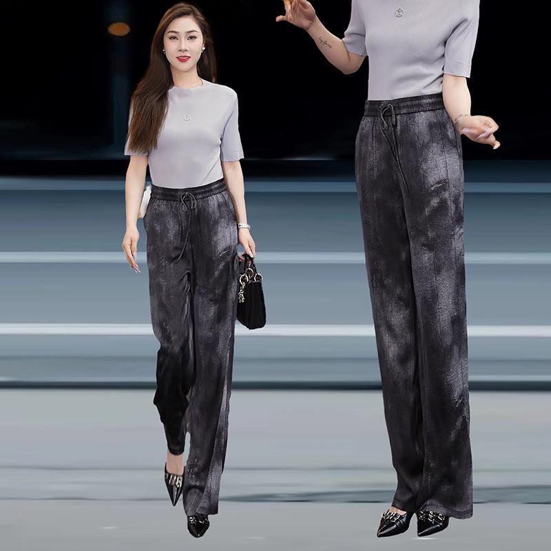 

2025 Spring Retro Wide-Leg Faux Silk Flare Pants for Women XXXL (125-135 Jin) античний срібного кольору