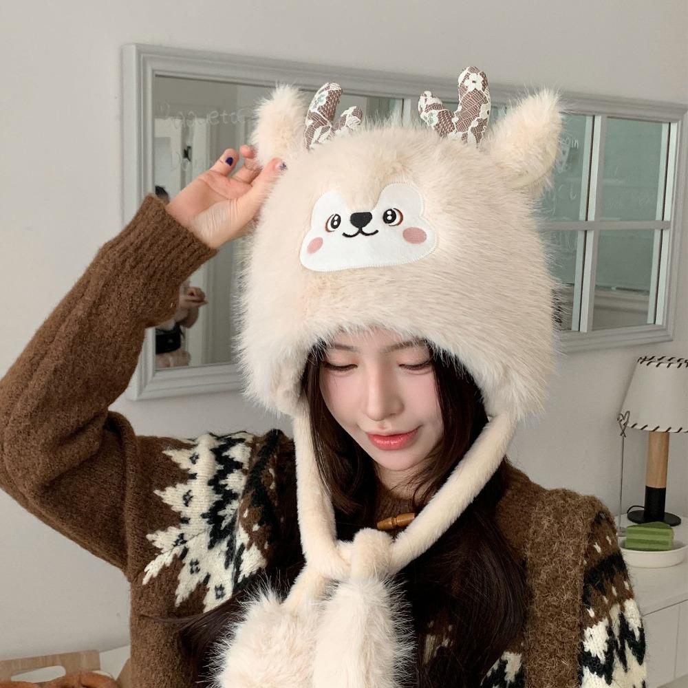 Antlers plush hat women's autumn and winter warm Lei Feng hat Christmas hat cute elk ear protection pullover hat
