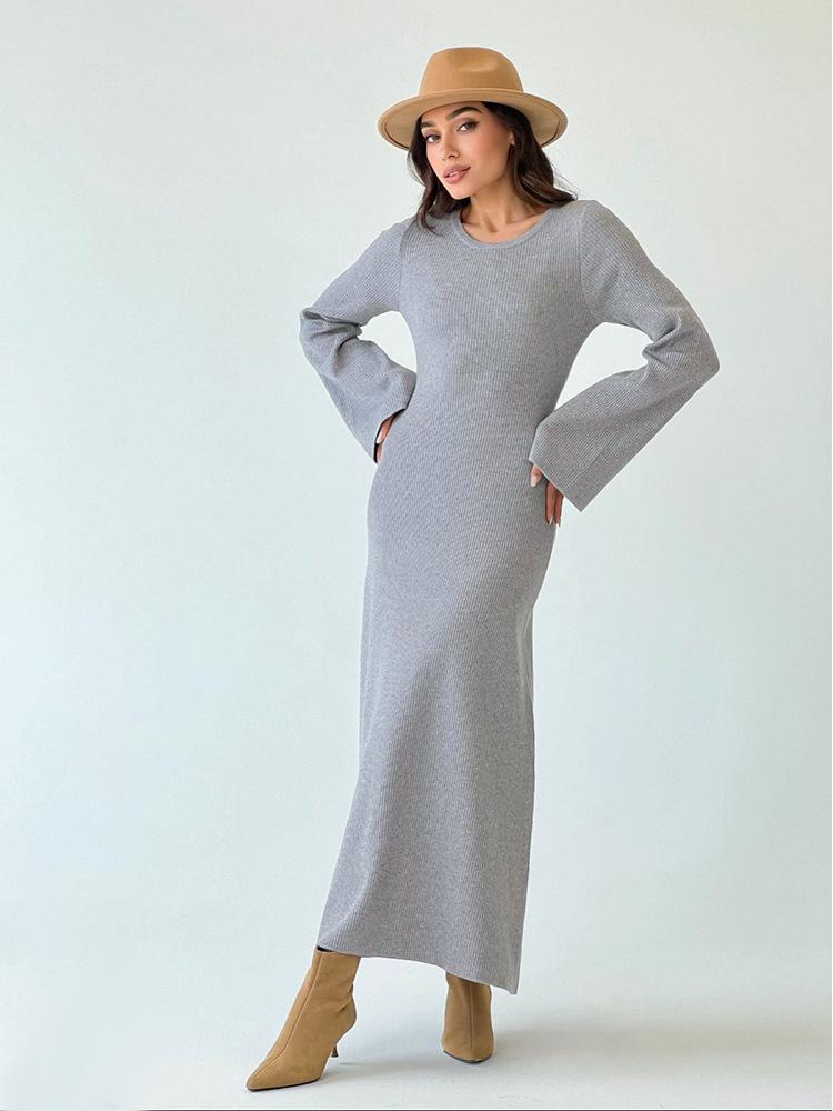 

Chic Solid Color Round Neck Bell Sleeve Long Dress - Autumn/Winter Elegant Waist-Cinching Casual Dress One Size