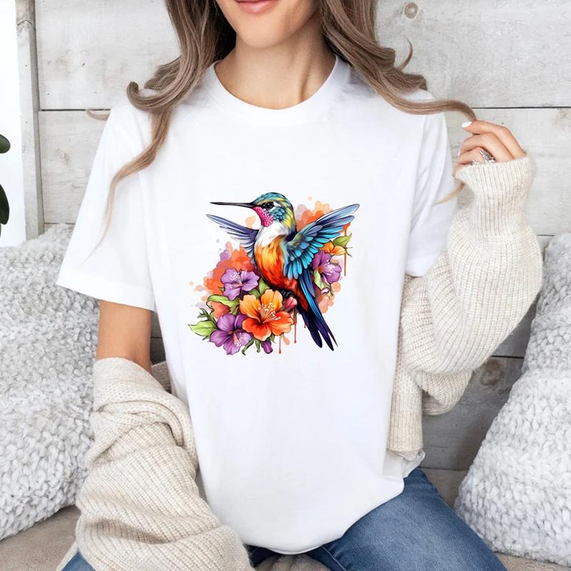Vibrant Hummingbird Floral TShirt Watercolor Colorful Bird Flowers Short Sleeve Boho Nature Themed Soft Casual Tee for Women S