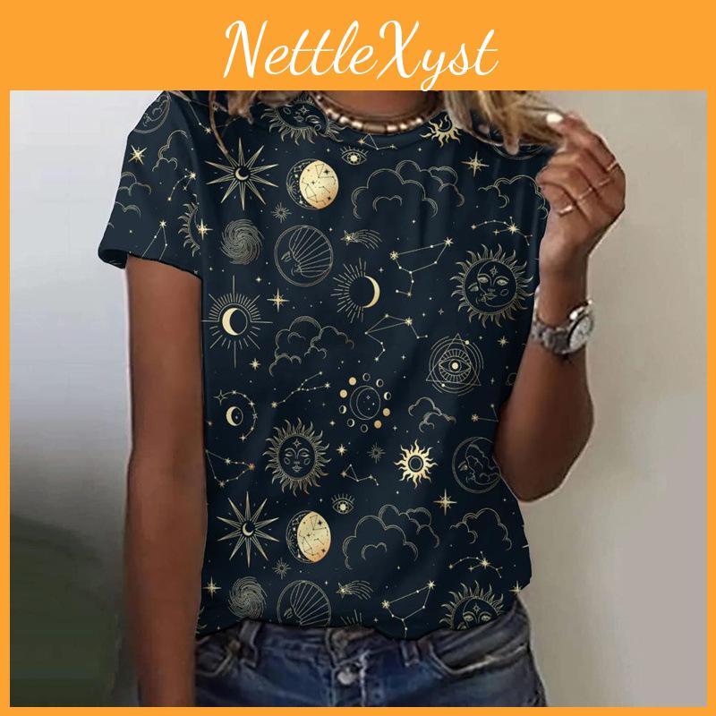 Sleeved Printed Short 3d Loose Star Womens Round Neck Starry Moon Summer Top Sun Tshirt