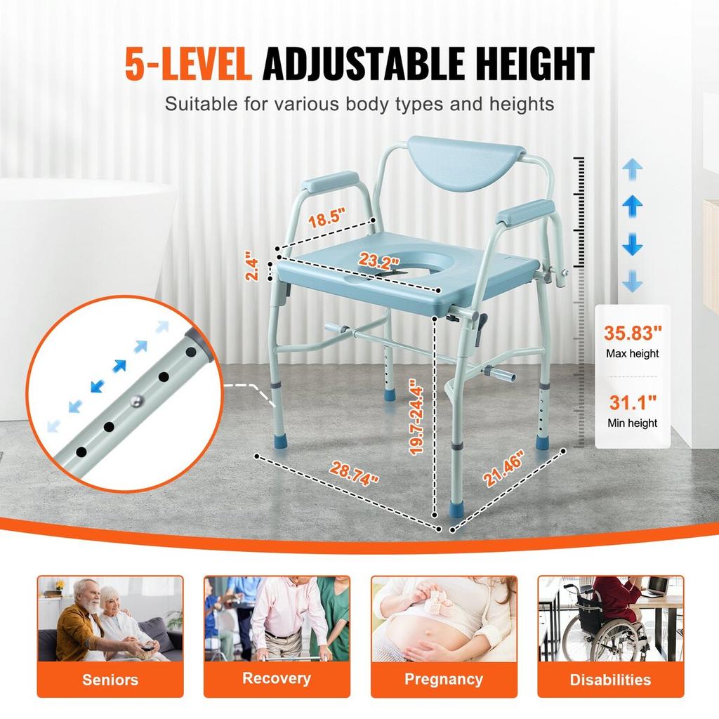 Commode Chair, Bedside Commode with Drop-Down Arms and Detachable Backrest, 5-Level Adjustable Height, 7L Removable Bucket, Easy to Assemble, 1000LBS