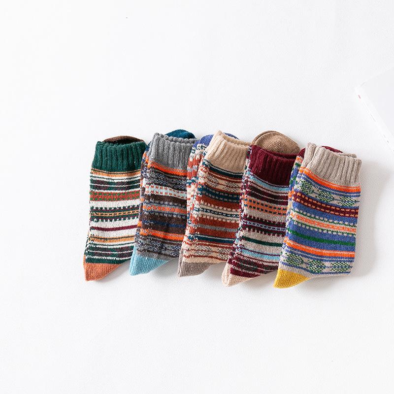 5 Pairs of Thickened Men's Woolen Socks with Horizontal Thick Lines for Winter Mid-calf