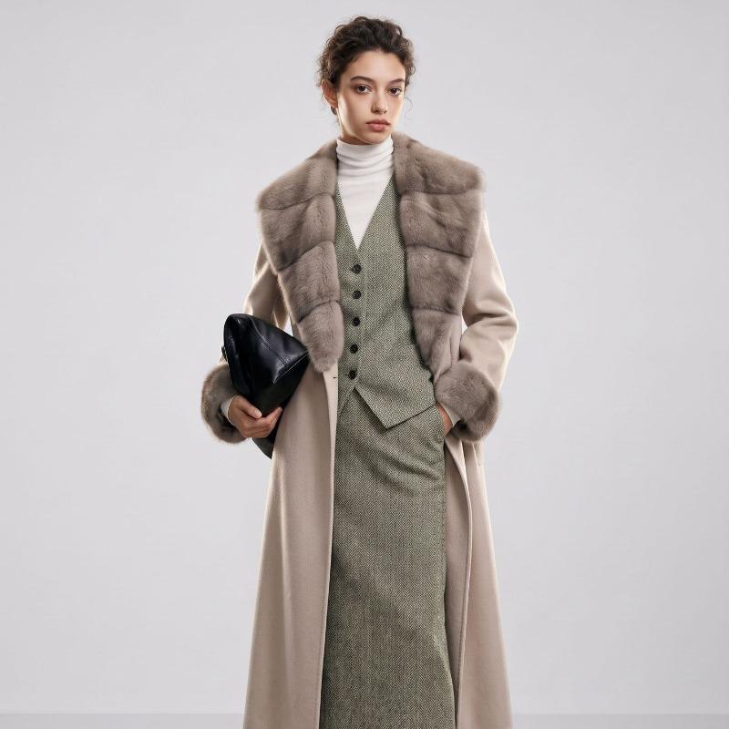 High-end mink fur collar double-sided cashmere coat women's LP wind winter long whole mink woolen splicing coat