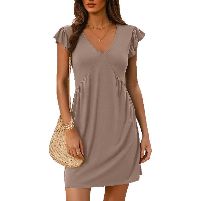 Women V Neck Flutter Sleeve Pleated Solid Color Flowy Long Dress