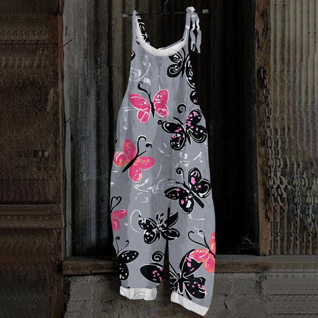 Kombinezon damski z nadrukiem świątecznym, swobodny, luźny, vintage, na ramiączkach, bawełniany, lniany