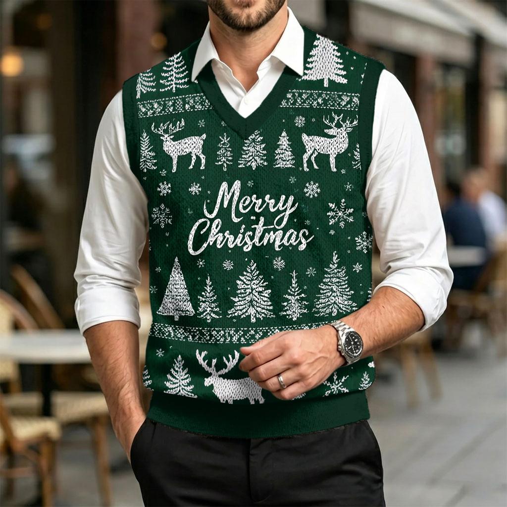 Gilet lavorato a maglia casual da uomo con scollo a V in lana e stampa natalizia per il tragitto casa-lavoro e l'uso quotidiano