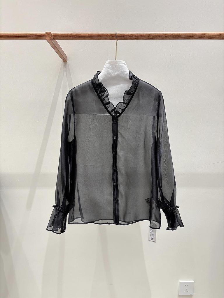 Zhi Hetang Retro Silk V-Neck Ruffled Long-Sleeve Blouse