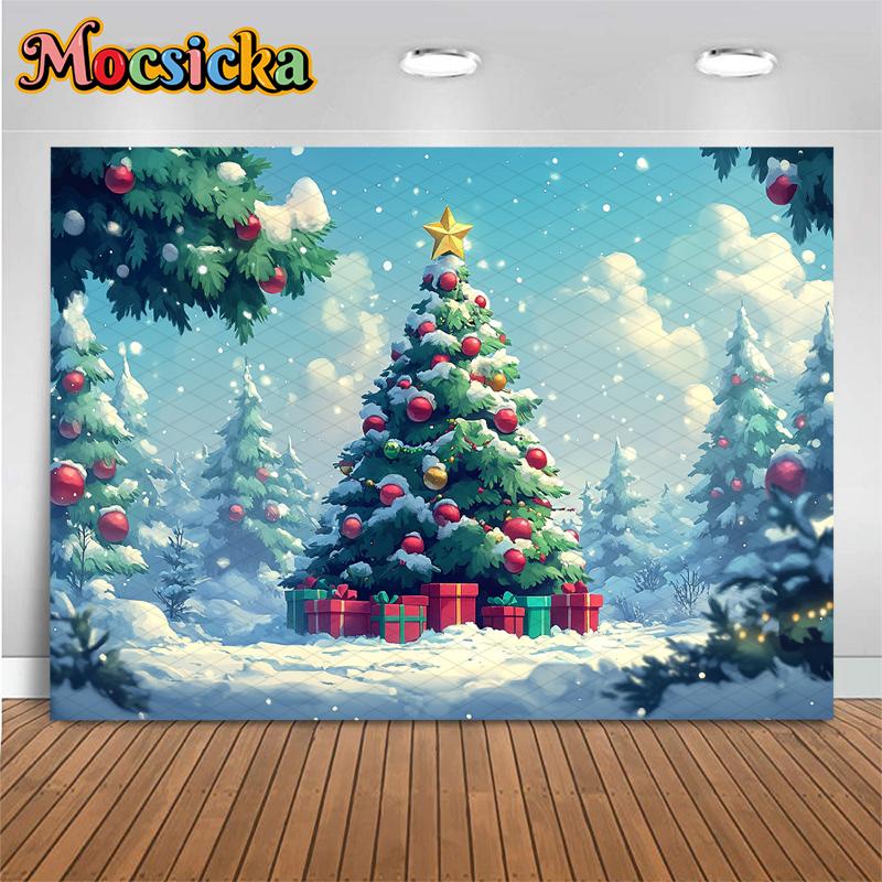 Mocsicka Big Christmas Tree Photography Background Winter Snow New Year Party Wallpaper Forest Gift Decoration Festival Backdrop