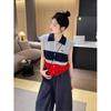 Women's 2025 Polo Collar Contrast Ice Silk Sleeveless Knit Top