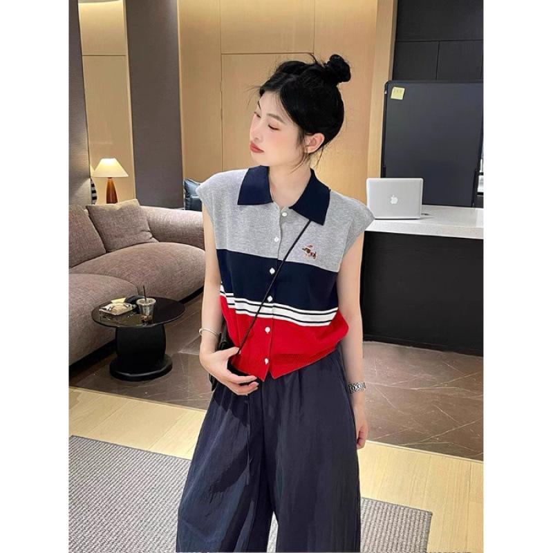 Women s 2025 Polo Collar Contrast Ice Silk Sleeveless Knit Top One Size