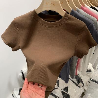 Tričko ledové hedvábné masky Dámské léto s krátkým rukávem Nové Slim Fit Kulatý výstřih Naskládaný krátký spodní díl Pletený top