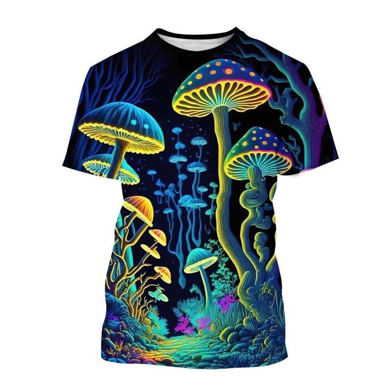 Koszulka z nadrukiem 3D Psychodeliczny Grzyb Męska Las Okrągły Dekolt Krótki Rękaw Rośliny Grafika Koszulka Moda Casual Unisex Topy Koszulki