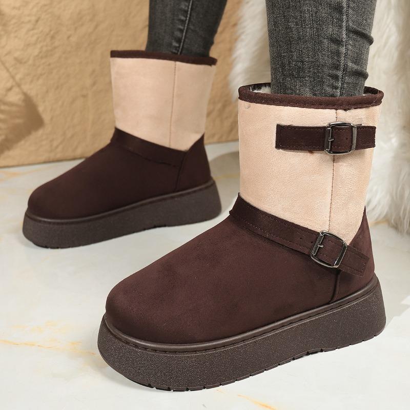 Fashion Multi-color Platform Snow Boots Winter New Round Toe Suede Sleeve Metal Buckle Non-slip Cotton Boots