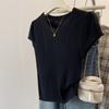 Solid Color Shoulder Short-sleeved T-shirt Women's, Summer Design Sense Thin Thin Ice Silk Knitted Sweater Crew Neck Top