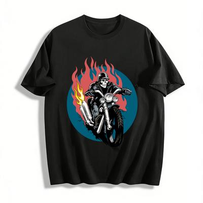 Skull Rider Vlammenprint Cool Casual Heren T-shirt met Korte Mouwen Puur Katoenen T-shirt