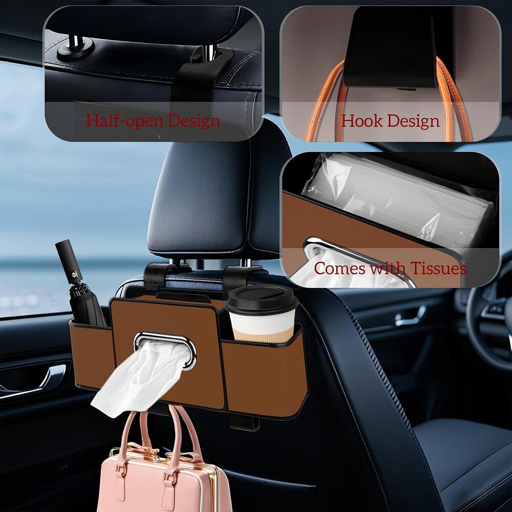 Car Interior Back Seat Storage&Organizer with Cup Holder, Phone Holder, Seat Back Tissue Box and Storage Hook, Multifunctional Car Storage&Organizer