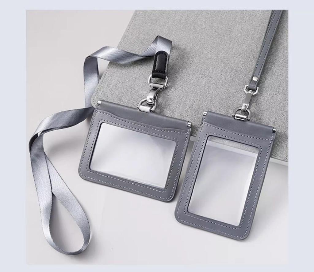 Double Sided Transparent PVC and Real Leather Work Card Holder with Lanyard Staff Hanging Neck Anti-interference Protection ID Badge Cards Cases