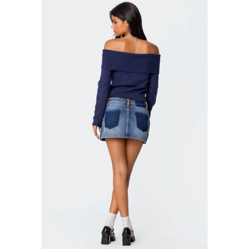 New Tops for Women Solid Color One-line Collar Off-shoulder Long-sleeved Sweater for Women