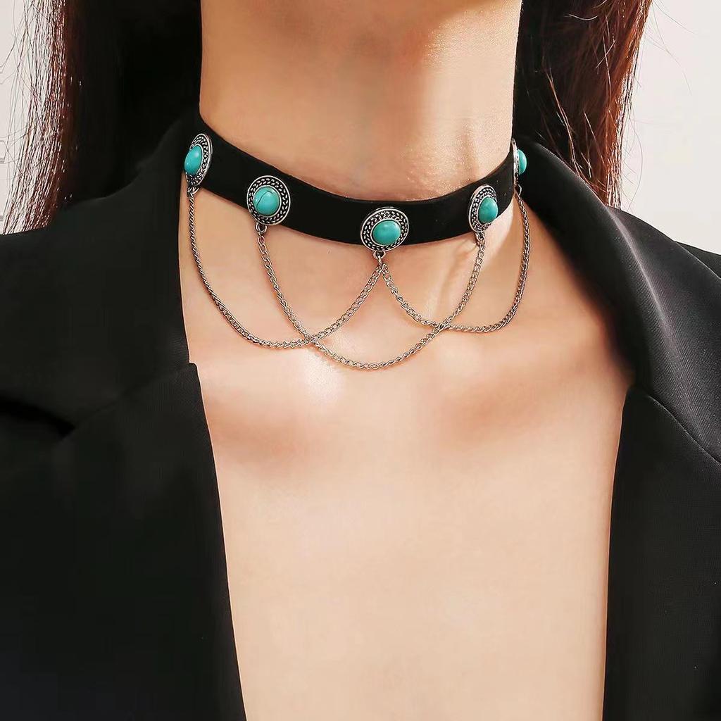 Bohemian Style Choker, Turquoise Retro Chain, Necklace, Korean Velvet Collar, European and American, Necklace