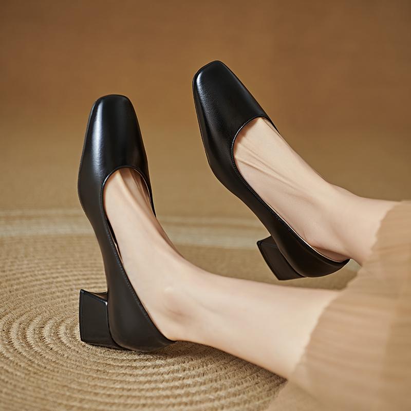 Women's High-heeled Single Shoes Simple and Versatile Thick Heel Large Size Square Head Shallow Mouth Low-top Shoes