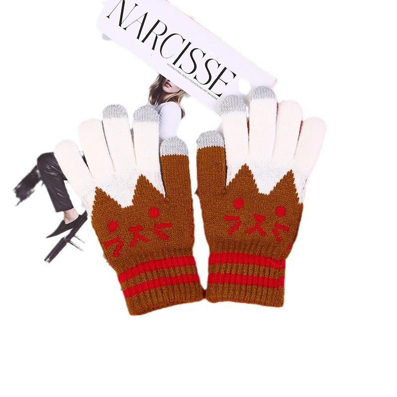 

Новые стильные трикотажные теплые перчатки для сенсорных экранов для женщин с матовой внутренней частью и милым рисунком котенка, красивые и трогательные one size fits all