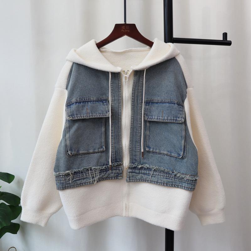 Premium hooded zipper denim splicing knitted double-sided woolen cardigan autumn new loose sweater jacket women