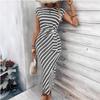 Damen gestreiftes Taillenband Kurzarm Rundhals Langes Kleid Lässiges Sommer Maxikleid mit verstellbarem Bund