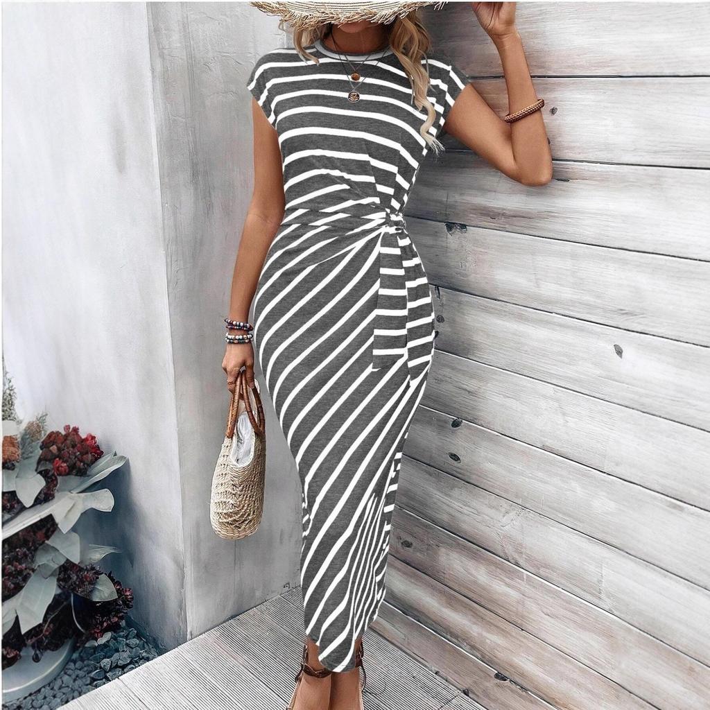 Damen gestreiftes Taillenband Kurzarm Rundhals Langes Kleid Lässiges Sommer Maxikleid mit verstellbarem Bund